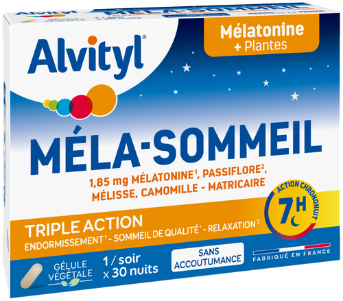 Image Alvityl - Méla-Sommeil gélules - Mélatonine + 3 plantes + vitamine B6 -  Triple action sur le sommeil - Dès 18 ans - 30 gélules