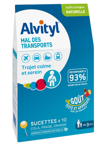 Image Alvityl - Mal des Transports, goûts fraise, cola, orange - Trajet calme et serein - Dès 3 ans- 10 sucettes