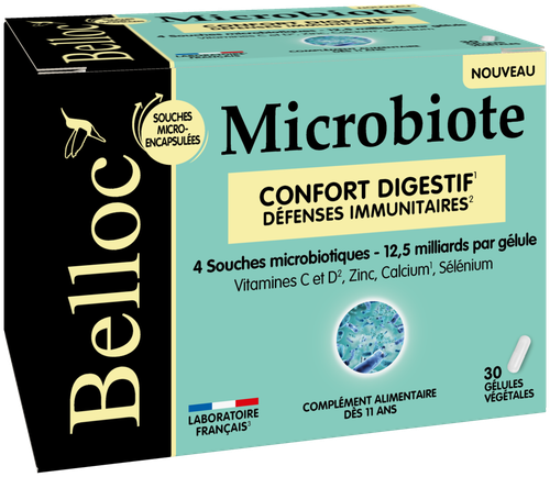Image Belloc - Microbiote - Confort digestif - 4 souches microbiotiques jusqu'à 25 milliards d'UFC - Dès 11 ans - 30 jours de prise renouvelable